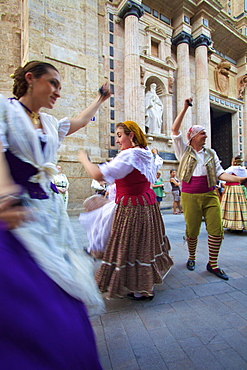 Traditional dancing outside the 13th century Iglesia y Convento Del Carmen, Valencia, Spain, Europe