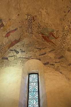 Medieval frescoes in the Fisherman's Chapel, St. Brelade's Bay, Jersey, Channel Islands, Europe 