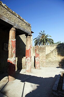 Ancient Roman ruins red pillars, Herculaneum, UNESCO World Heritage Site, Naples, Campania, Italy, Europe