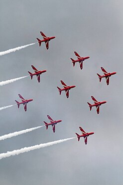 Nine Hawk T1 Jets Red Arrows, Waddington, Lincolnshire, England, United Kingdom, Europe