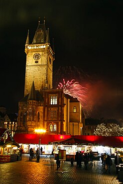 Old Town Hall and fireworks, Prague, Czech Republic, Europe