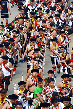 Naga tribesmen participating at the Stone pulling ceremony during Kisima Nagaland Hornbill festival, Kohima, Nagaland, India, Asia