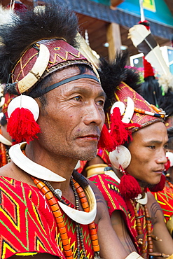 Naga tribal men in traditional clothing, Kisima Nagaland Hornbill festival, Kohima, Nagaland, India, Asia