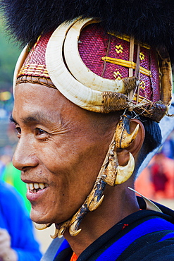 Naga tribal man in traditional outfit, Kisima Nagaland Hornbill festival, Kohima, Nagaland, India, Asia