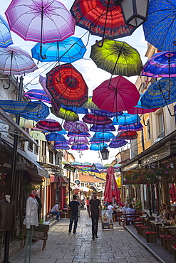 Colorful umbrellas hanging in a street, Skopje, Macedonia, Europe