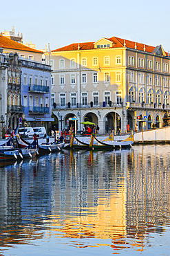 Moliceiros moored along the main canal at sunset, Aveiro, Venice of Portugal, Beira Littoral, Portugal, Europe