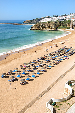 Fisherman beach, Umbrellas and beach chairs, Albufeira, Algarve, Portugal, Europe