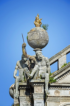 Detail of Os Meninos da Graca statues supporting the terrestrial globe, Igreja da Graca (Church of our Lady of Grace), Evora, UNESCO World Heritage Site, Alentejo, Portugal, Europe