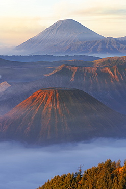 Sunrise over the smoking Gunung Bromo volcano, Bromo-Tengger-Semeru National Park, Java, Indonesia, Southeast Asia, Asia