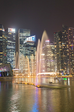 Lightshow in front of downtown central financial district at night, Singapore, Southeast Asia, Asia