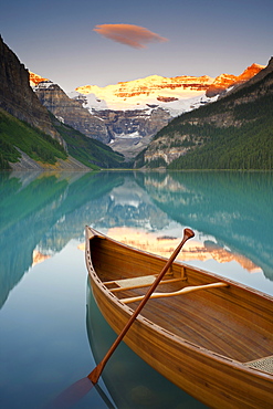 Canoe on Lake Louise at Sunrise, Lake Louise, Banff National Park, Alberta, Canada