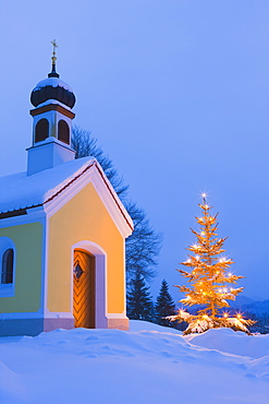 Chapel with Christmas Tree in Winter near Krun, Garmisch-Partenkirchen, Bavaria, Germany, Europe 