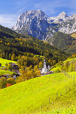 View of Ramsau in autumn, near Berchtesgaden, Bavaria, Germany, Europe  