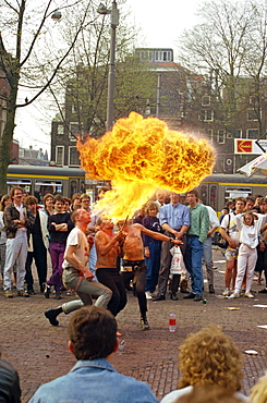 Fire breathers performing on Leidseplein, Amsterdam, Holland, Europe