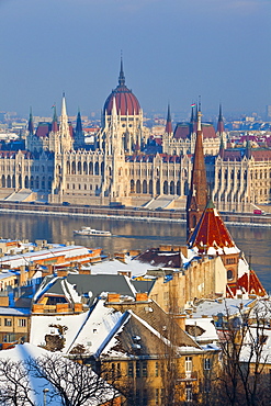 Hungarian Parliament illuminated by warm light on a winter afternoon, Budapest, Hungary, Europe 