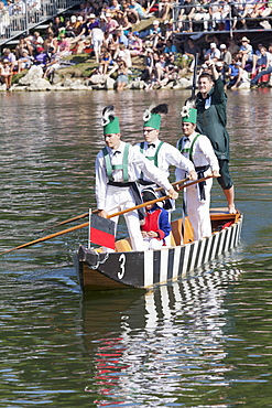 Historical characters on a boat on the Danube River, Fischerstechen, Ulm, Baden Wurttemberg, Germany, Europe