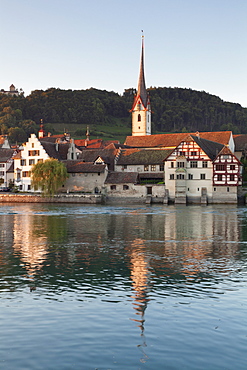 View over the Rhine River to the old town and St. Georgen monastery, Stein am Rhein, Canton Schaffhausen, Switzerland, Europe