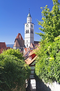 Street in the old town with St. Nikolaus Minster, Uberlingen, Lake Constance (Bodensee), Baden Wurttemberg, Germany, Europe