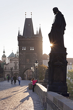 Statues on Charles Bridge, UNESCO World Heritage Site, and Old Town Bridge Tower, Prague, Bohemia, Czech Republic, Europe