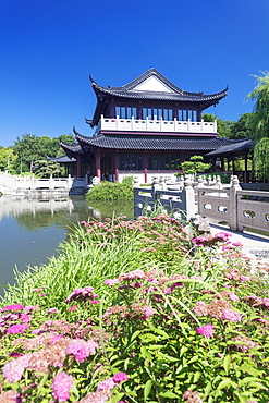 Tea house, Chinese Garden, Luisenpark municipal park, Mannheim, Baden Wurttemberg, Germany, Europe