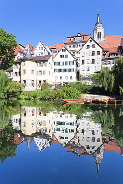 Old town with Holderlinturm tower and Stiftskirche Church reflecting in the Neckar River, Tubingen, Baden Wurttemberg, Germany, Europe 