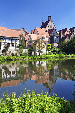 View over River Enz at the Old Town with Town Hall, Besigheim, Ludwigsburg District, Baden Wurttemberg, Germany, Europe