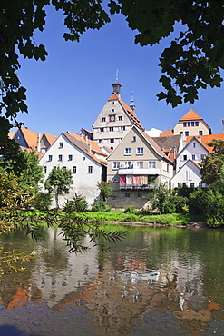 View over River Enz at the Old Town with Town Hall, Besigheim, Ludwigsburg District, Baden Wurttemberg, Germany, Europe