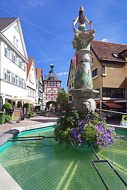 Fountain at Unteres Tor Tower, Old Town, Bietigheim-Bissingen, Ludwigsburg District, Baden Wurttemberg, Germany, Europe