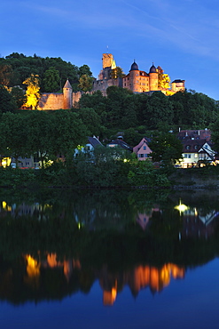 Wertheim Castle reflecting in Main River, Wertheim, Main Tauber District, Baden Wurttemberg, Germany, Europe