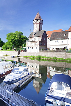 Spitzer Turm Tower, Tauber River, old town of Wertheim, Main Tauber District, Baden Wurttemberg, Germany, Europe