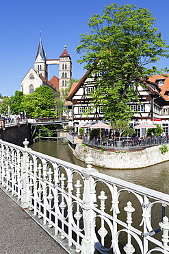 View over Wehrneckarkanal Chanel to St. Dionysius church (Stadtkirche St. Dionys), Esslingen (Esslingen-am-Neckar), Baden-Wurttemberg, Germany, Europe