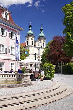 Street cafe, St. Johann Church, Donaueschingen, Black Forest, Baden Wurttemberg, Germany, Europe