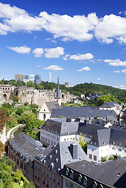 View over the old town with Neumunster Abbey, UNESCO Wolrd Heritage Site, in the background EU buildings on Kirchberg District, Luxembourg City, Grand Duchy of Luxembourg, Europe