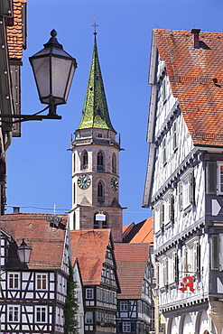 Half-timbered houses at market place, municipal church, Schorndorf, Baden Wurttemberg, Germany, Europe