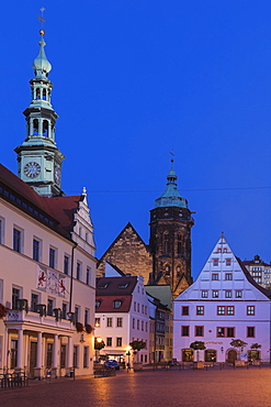 Town hall, Canaletto Building and St.Marien parish church at the market place, Pirna, Saxony Switzerland, Saxony, Germany, Europe