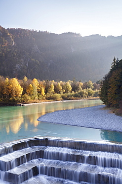 Lech River Waterfall in autumn, Fussen, Ostallgau, Allgau, Allgau Alps, Bavaria, Germany, Europe 