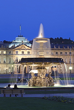 Neues Schloss castle and fountain at Schlossplatz Square, Stuttgart, Baden Wurttemberg, Germany, Europe 