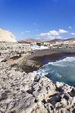 View from the limestone terraces to the fishing village, Ajuy, Fuerteventura, Canary Islands, Spain, Atlantic, Europe 