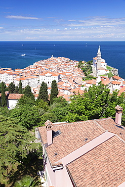 High angle view of the old town with Tartini Square, town hall and the cathedral of St. George, Piran, Istria, Slovenia, Europe 