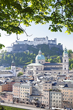 High angle view of the Old Town, UNESCO World Heritage Site, with Hohensalzburg Fortress, Dom Cathedral and Kappuzinerkirche Church, Salzburg, Salzburger Land, Austria, Europe