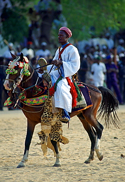 Man riding a decorated horse during a Durbar in Maiduguri, Nigeria