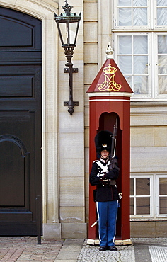 Ceremonial guard in sentry box at Christiansbourg Palace, Copenhagen, Denmark.