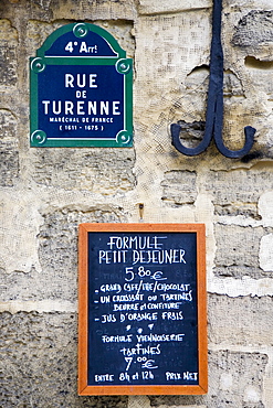 Street sign and Petit Dejeuner brasserie board, rue de Turenne, 4th arondissement, Paris, France