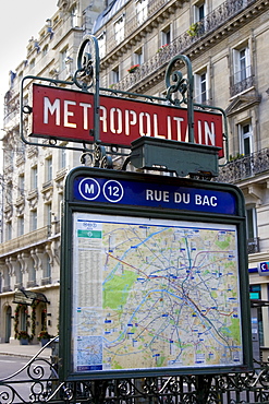 Metropolitain sign and map on Rue du Bac, Paris, France