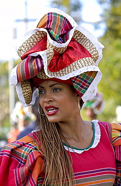 Woman in Jamaican National costume at cultural festival in Kingston, Jamaica, Caribbean