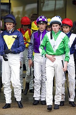 Jockeys leave weighing-in room at Ascot Racecourse, Berkshire, England, United Kingdom