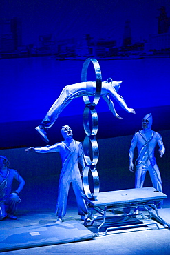 Members of the Shanghai Acrobatic Group performing on stage at the Shanghai Centre Theatre, China