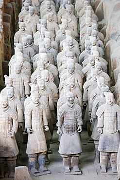 Infantry men figures in Pit 1 at Qin Museum, exhibition halls of Terracotta Warriors, Xian, China