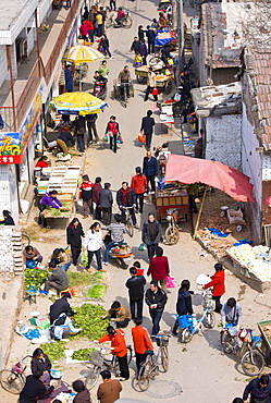 Traditional Chinese street market viewed from the City Wall, Xian, China