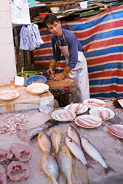 Fresh fish on sale in traditional old Chinese Soho food market in Graham Street, Central Hong Kong, China